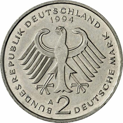 Reverse 2 Mark 1994 A "Franz Josef Strauss" -  Coin Value - Germany, FRG