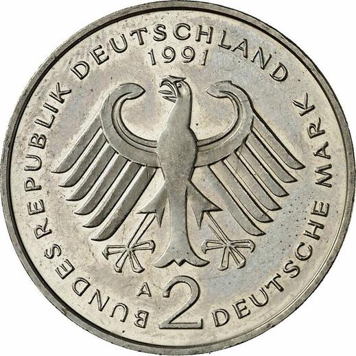 Reverso 2 marcos 1991 A "Ludwig Erhard" - valor de la moneda  - Alemania, RFA