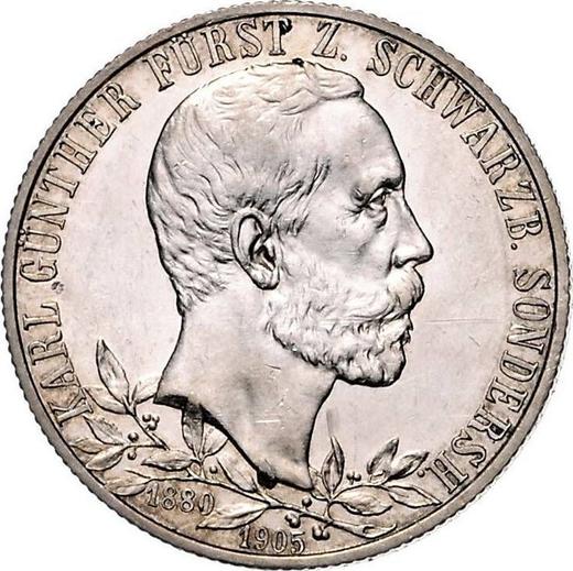 Аверс монеты - 2 марки 1905 года "Шварцбург-Зондерсгаузен" 25 лет правления Толстый кант - цена серебряной монеты - Германия, Германская Империя