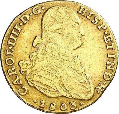 Аверс монеты - 2 эскудо 1803 года NR JJ - цена золотой монеты - Колумбия, Карл IV