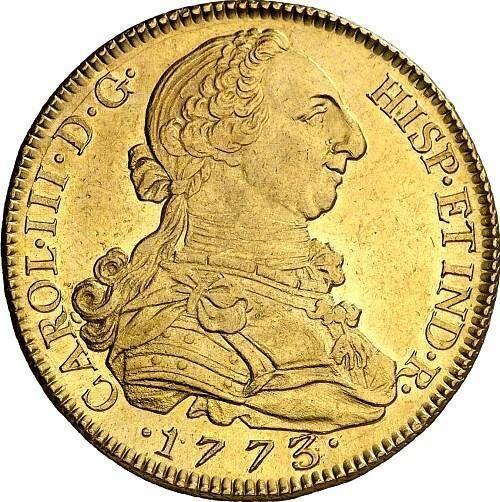 Awers monety - 8 escudo 1773 M PJ - cena złotej monety - Hiszpania, Karol III