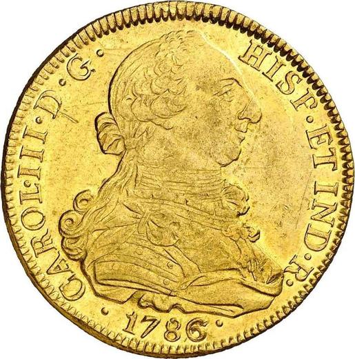 Аверс монеты - 8 эскудо 1786 года P SF - цена золотой монеты - Колумбия, Карл III