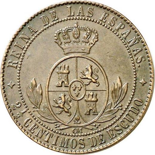 Реверс монеты - 2 1/2 сентимо эскудо 1866 года OM Четырёхконечные звезды - цена  монеты - Испания, Изабелла II