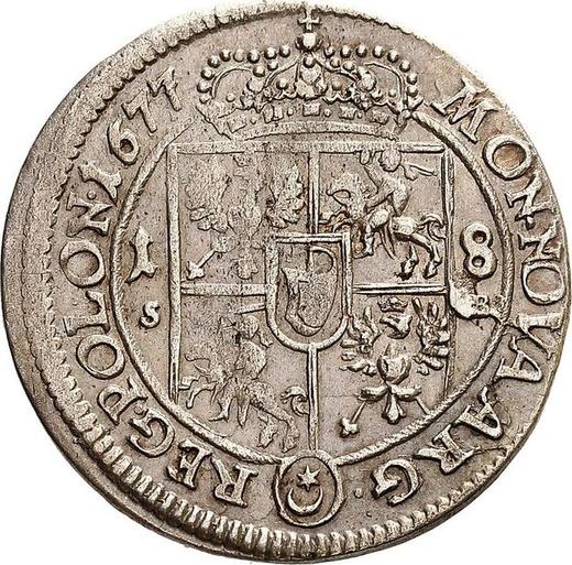 Rewers monety - Ort (18 groszy) 1677 SB "Tarcza prosta" - cena srebrnej monety - Polska, Jan III Sobieski