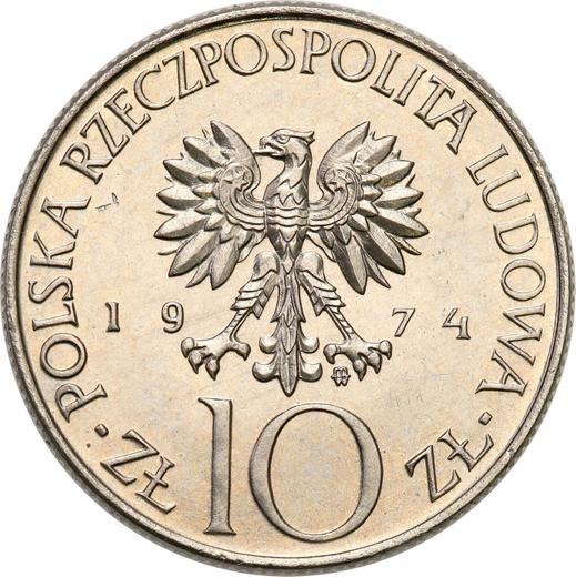 Аверс монеты - Пробные 10 злотых 1974 года MW AJ "200 лет со дня рождения Адама Мицкевича" Никель - цена  монеты - Польша, Народная Республика