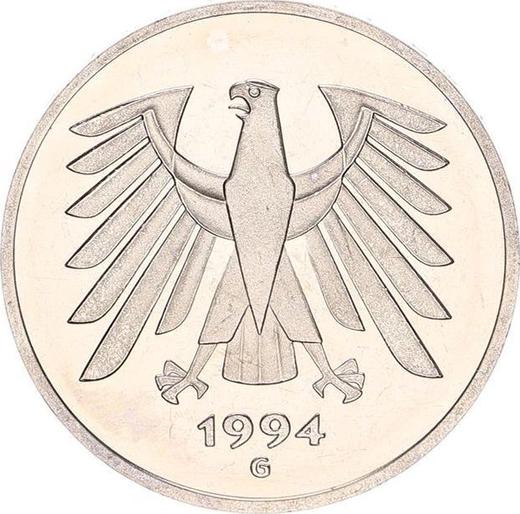 Reverso 5 marcos 1994 G - valor de la moneda  - Alemania, RFA