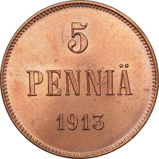 Реверс монеты - 5 пенни 1913 года - цена  монеты - Финляндия, Великое княжество