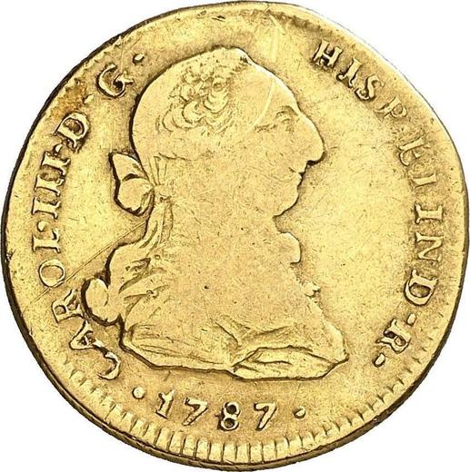 Аверс монеты - 2 эскудо 1787 года MI - цена золотой монеты - Перу, Карл III