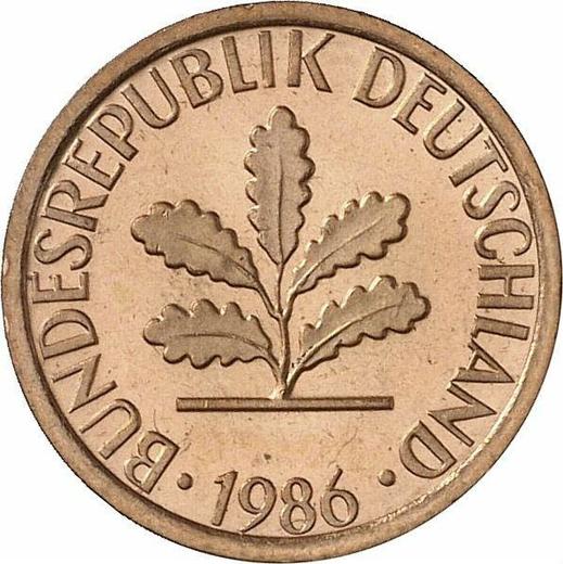 Реверс монеты - 1 пфенниг 1986 года G - цена  монеты - Германия, ФРГ