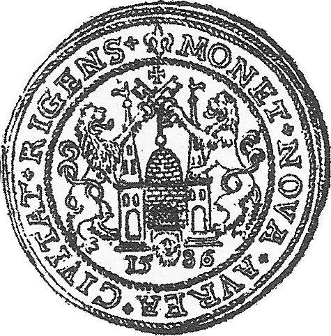 Rewers monety - 10 Dukatów (Portugał) 1586 "Ryga" - cena złotej monety - Polska, Stefan Batory