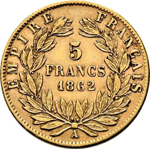 Reverso 5 francos 1862 A "Tipo 1862-1869" París - valor de la moneda de oro - Francia, Napoleón III Bonaparte