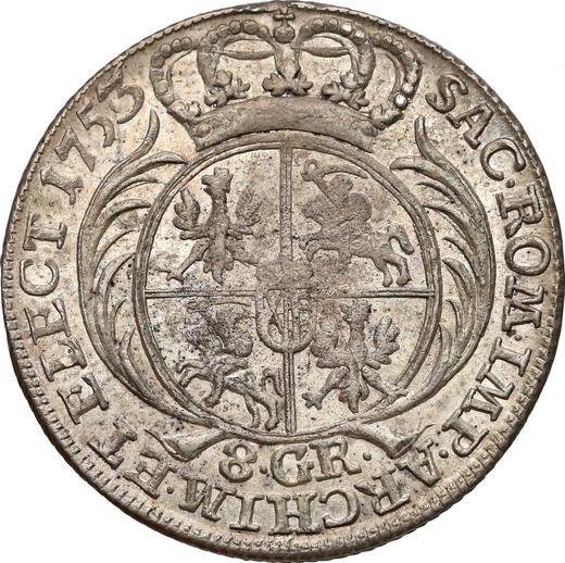 Rewers monety - Dwuzłotówka (8 groszy) 1753 ""8 GR"" - cena srebrnej monety - Polska, August III