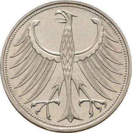 Реверс монеты - 5 марок 1958 года J - цена серебряной монеты - Германия, ФРГ
