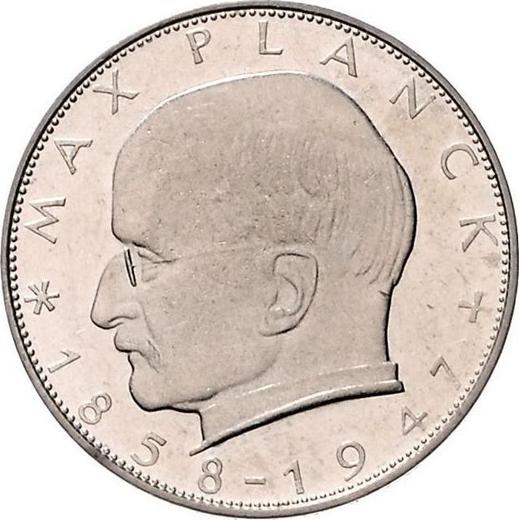Аверс монеты - 2 марки 1957-1971 года "Планк" Двойная надпись на гурте - цена  монеты - Германия, ФРГ