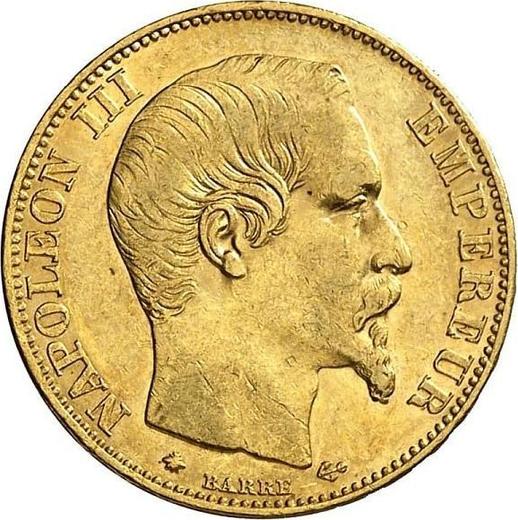Аверс монеты - 20 франков 1858 года BB "Тип 1853-1860" Страсбург - цена золотой монеты - Франция, Наполеон III