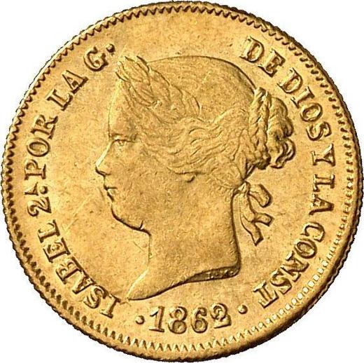 Аверс монеты - 1 песо 1862 года - цена золотой монеты - Филиппины, Изабелла II
