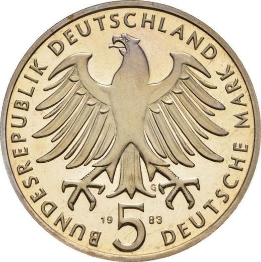 Reverso 5 marcos 1983 G "Martín Lutero" - valor de la moneda  - Alemania, RFA