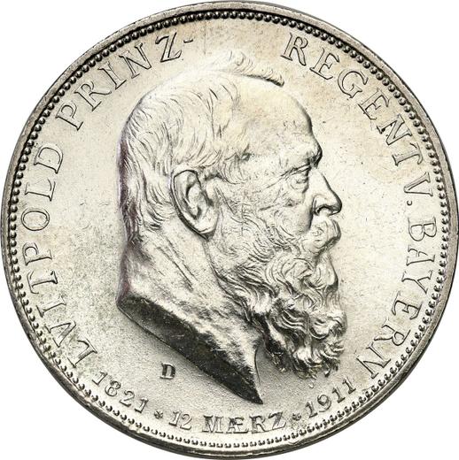 Anverso 5 marcos 1911 D "Bavaria" 90 cumpleaños - valor de la moneda de plata - Alemania, Imperio alemán