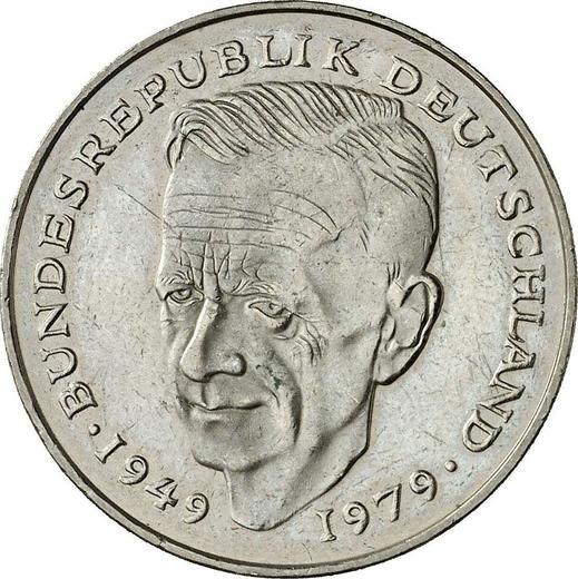 Аверс монеты - 2 марки 1987 года F "Курт Шумахер" - цена  монеты - Германия, ФРГ