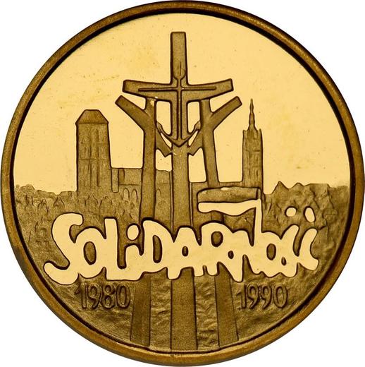 Reverso 20000 eslotis 1990 MW "10 aniversario de la fundación de Solidaridad" - valor de la moneda de oro - Polonia, República moderna