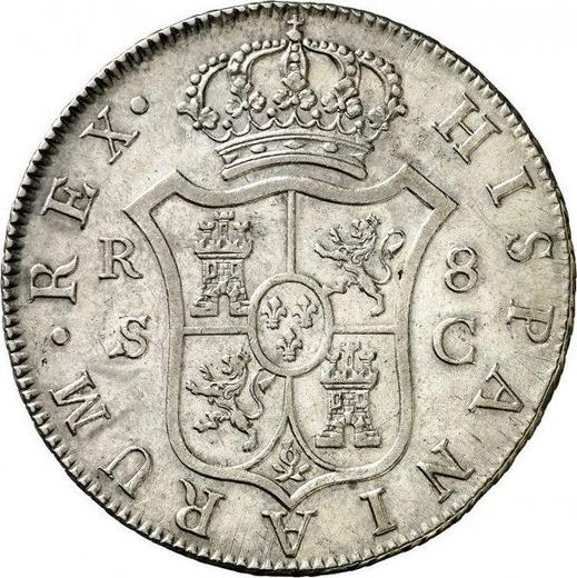 Реверс монеты - 8 реалов 1792 года S C - цена серебряной монеты - Испания, Карл IV