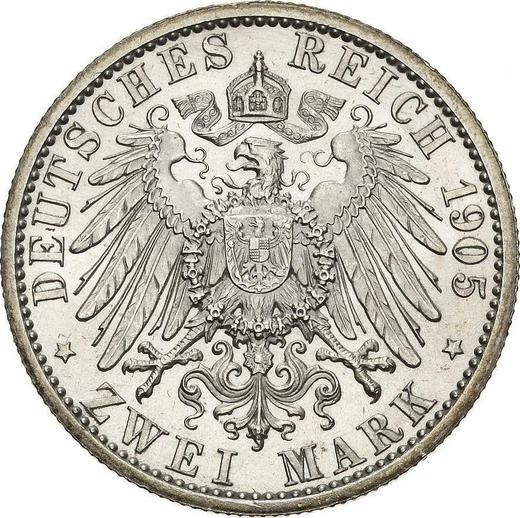 Reverso 2 marcos 1905 "Schwarzburgo-Sondershausen" 25 aniversario del reinado Ribete estrecho - valor de la moneda de plata - Alemania, Imperio alemán