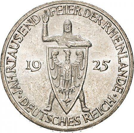 Аверс монеты - 3 рейхсмарки 1925 года G "Рейнланд" - цена серебряной монеты - Германия, Bеймарская республика