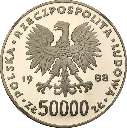 Аверс монеты - 50000 злотых 1988 года MW BCH "Юзеф Пилсудский" Серебро - цена серебряной монеты - Польша, Народная Республика