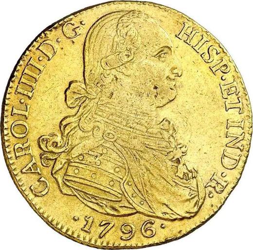 Аверс монеты - 8 эскудо 1796 года NR JJ - цена золотой монеты - Колумбия, Карл IV