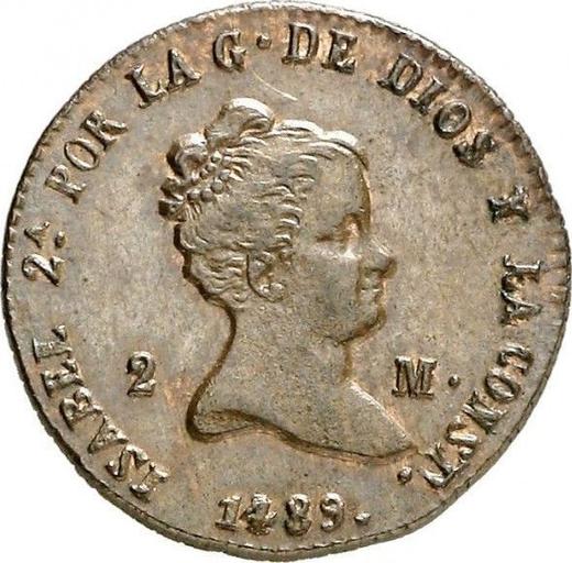 Аверс монеты - 2 мараведи 1489 (1849) года Дата "1489" - цена  монеты - Испания, Изабелла II
