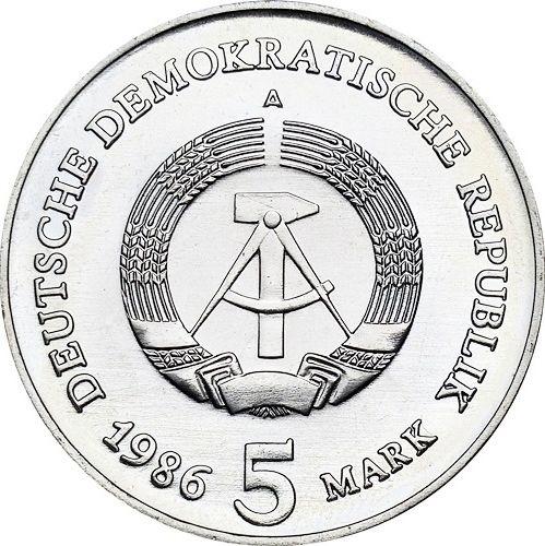 Reverso 5 marcos 1986 A "La Puerta de Brandeburgo" - valor de la moneda  - Alemania, República Democrática Alemana (RDA)