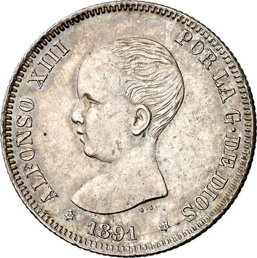 Аверс монеты - 2 песеты 1891 года PGM - цена серебряной монеты - Испания, Альфонсо XIII
