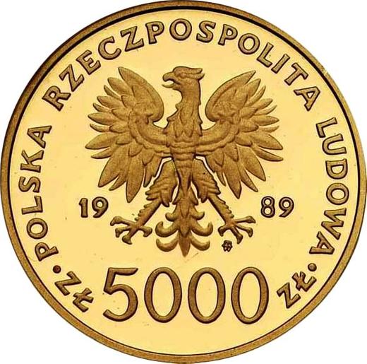 Аверс монеты - 5000 злотых 1989 года MW ET "Иоанн Павел II" Золото - цена золотой монеты - Польша, Народная Республика