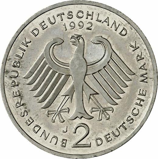 Reverso 2 marcos 1992 J "Ludwig Erhard" - valor de la moneda  - Alemania, RFA
