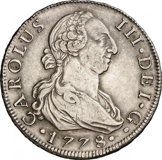 Аверс монеты - 8 реалов 1778 года M PJ - цена серебряной монеты - Испания, Карл III