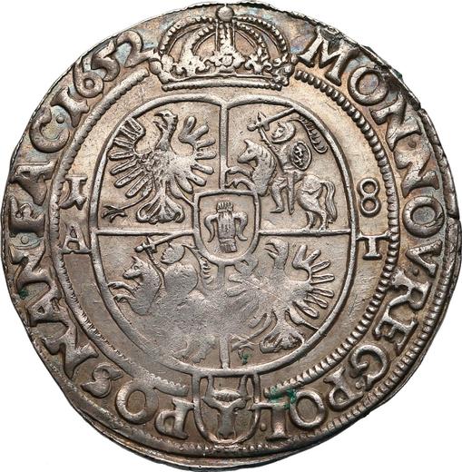 Reverso Ort (18 groszy) 1652 AT "Escudo de armas redondo" - valor de la moneda de plata - Polonia, Juan II Casimiro
