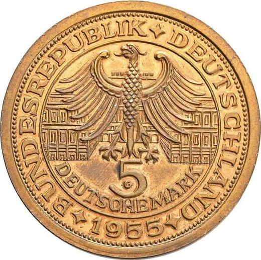 Реверс монеты - 5 марок 1955 года G "Маркграф Баденский" Латунь Покрыта бронзой - цена  монеты - Германия, ФРГ
