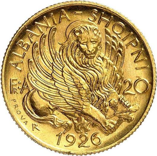 Reverso Pruebas 20 franga ari 1926 R "Skanderbeg" Inscripción PROVA - valor de la moneda de oro - Albania, Zog I