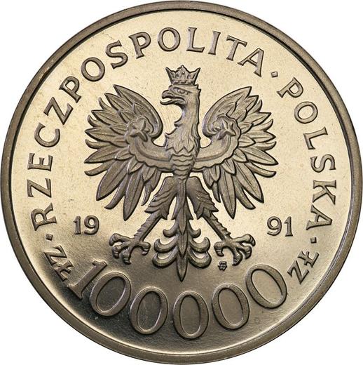 Аверс монеты - Пробные 100000 злотых 1991 года MW BCH "Майор Хенрик Добжаньский "Хубал"" Никель - цена  монеты - Польша, III Республика до деноминации