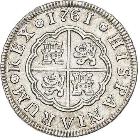 Реверс монеты - 2 реала 1761 года M JP - цена серебряной монеты - Испания, Карл III