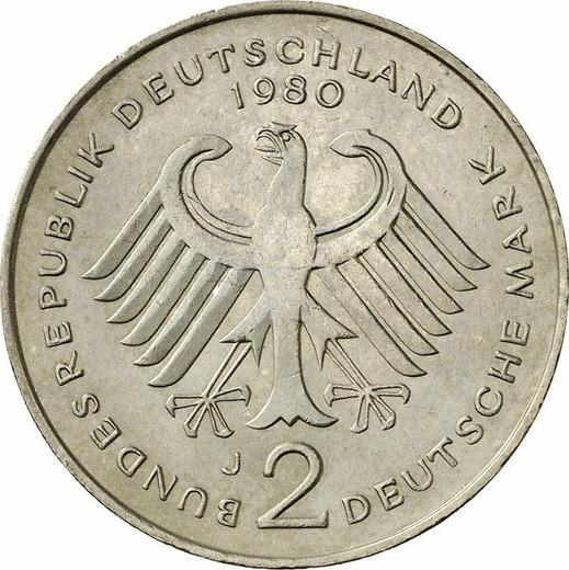 Reverse 2 Mark 1980 J "Konrad Adenauer" -  Coin Value - Germany, FRG