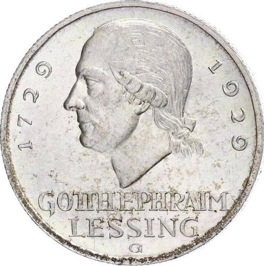 Rewers monety - 3 reichsmark 1929 G "Lessing" - cena srebrnej monety - Niemcy, Republika Weimarska