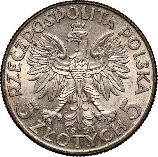 Anverso 5 eslotis 1934 "Polonia" - valor de la moneda de plata - Polonia, Segunda República