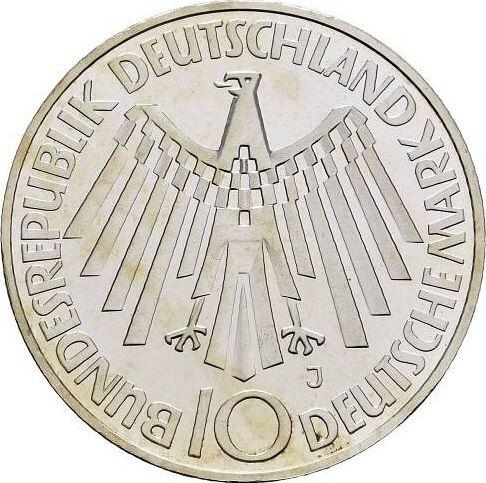 Reverso 10 marcos 1972 "Juegos de la XX Olimpiada de Verano" Arabescos en el canto - valor de la moneda de plata - Alemania, RFA
