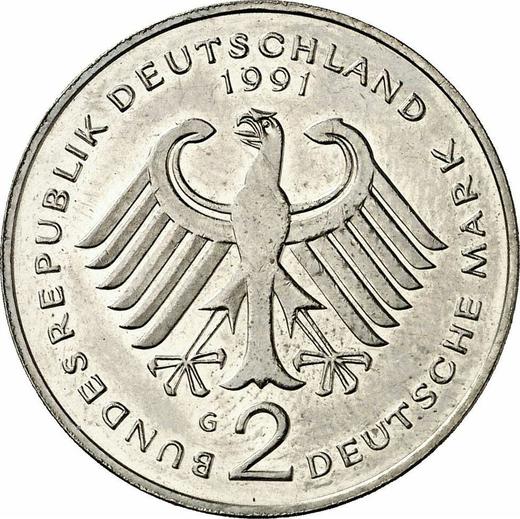 Reverse 2 Mark 1991 G "Franz Josef Strauss" -  Coin Value - Germany, FRG