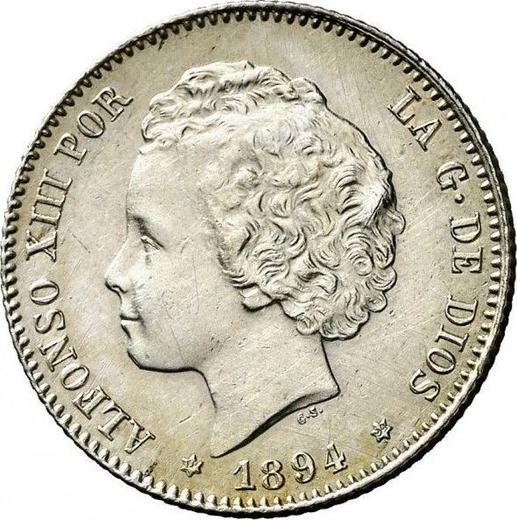 Аверс монеты - 1 песета 1894 года PGV - цена серебряной монеты - Испания, Альфонсо XIII