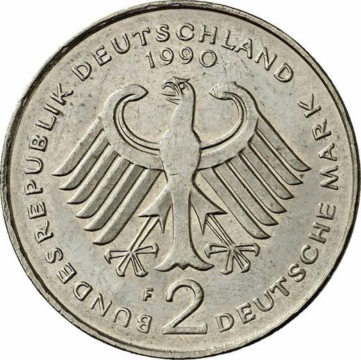 Reverse 2 Mark 1990 F "Kurt Schumacher" -  Coin Value - Germany, FRG
