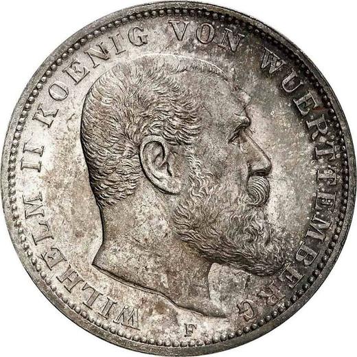 Аверс монеты - 3 марки 1909 года F "Вюртемберг" - цена серебряной монеты - Германия, Германская Империя