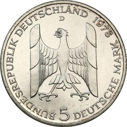 Реверс монеты - 5 марок 1978 года D "Штреземан" - цена серебряной монеты - Германия, ФРГ