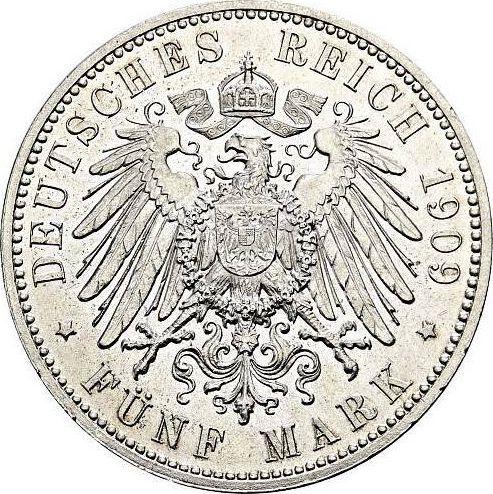 Rewers monety - 5 marek 1909 "Saksonia" Uniwersytet w Lipsku - cena srebrnej monety - Niemcy, Cesarstwo Niemieckie